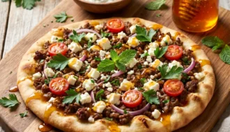 Ground Beef Flatbread with Garlic Hot Honey Feta Cream