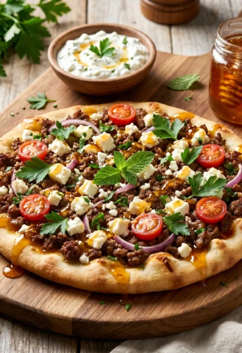 Ground Beef Flatbread with Garlic Hot Honey Feta Cream