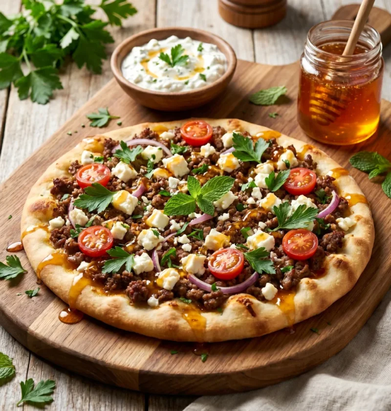 Ground Beef Flatbread with Garlic Hot Honey Feta Cream