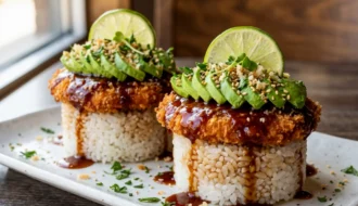 Honey Lime Chicken & Avocado Rice Towers with Crispy Garlic