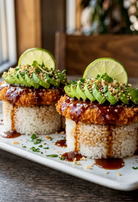 Honey Lime Chicken & Avocado Rice Towers with Crispy Garlic