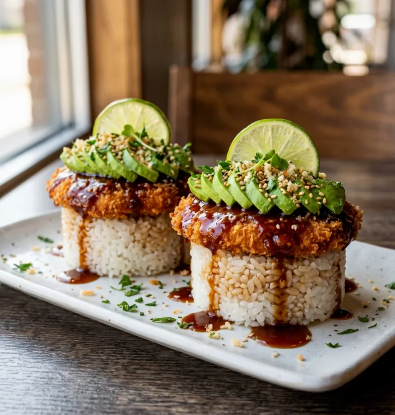 Honey Lime Chicken & Avocado Rice Towers with Crispy Garlic
