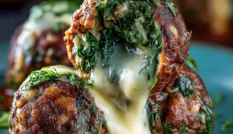 Spinach Garlic Meatballs Stuffed with Mozzarella