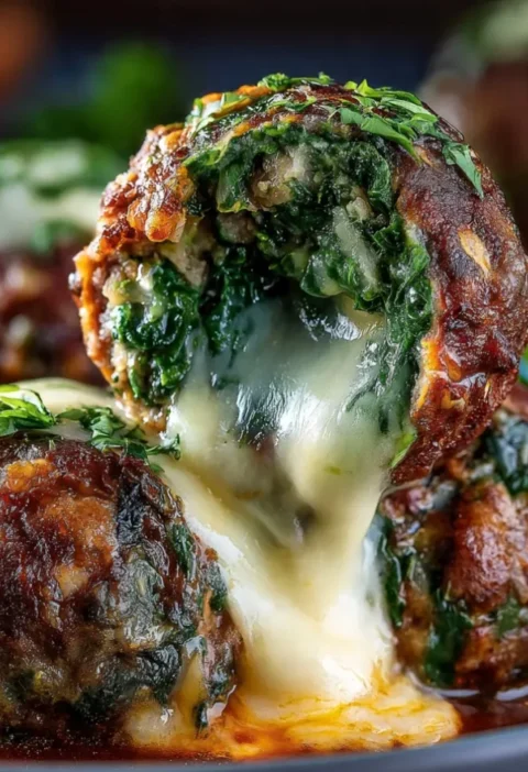 Spinach Garlic Meatballs Stuffed with Mozzarella