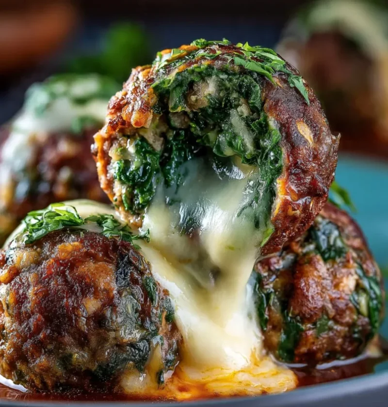 Spinach Garlic Meatballs Stuffed with Mozzarella