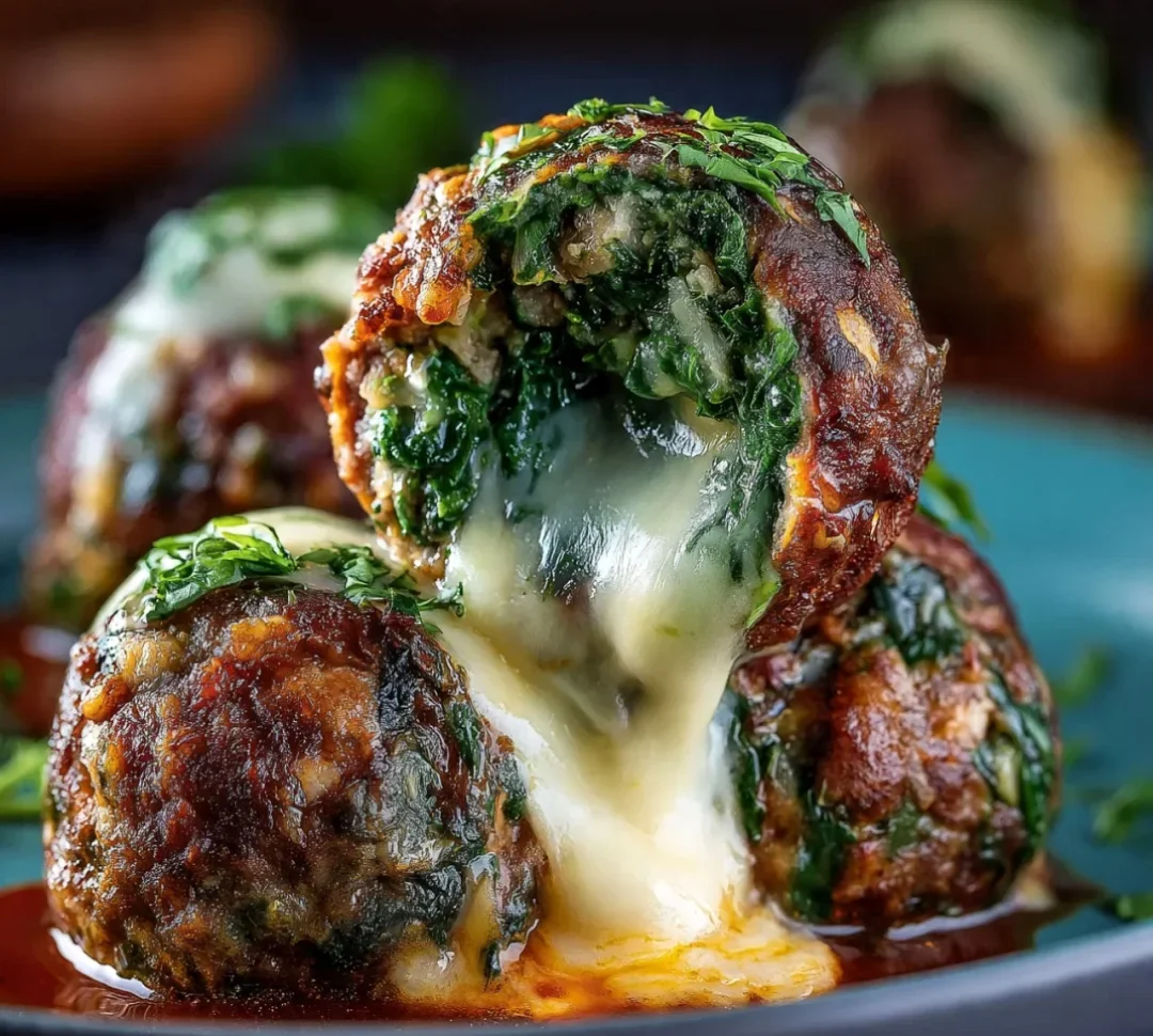 Spinach Garlic Meatballs Stuffed with Mozzarella