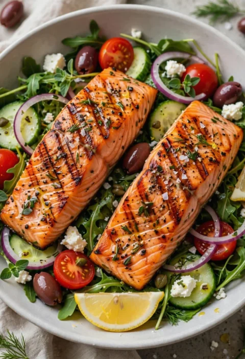 easy Greek salad with salmon