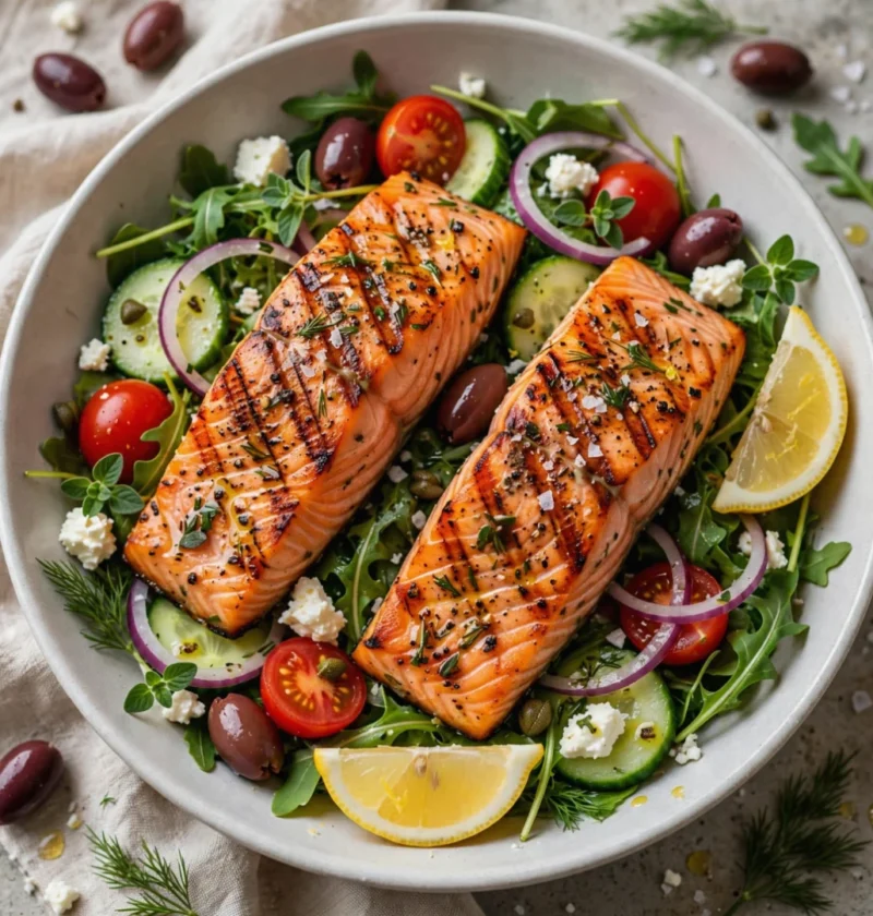easy Greek salad with salmon