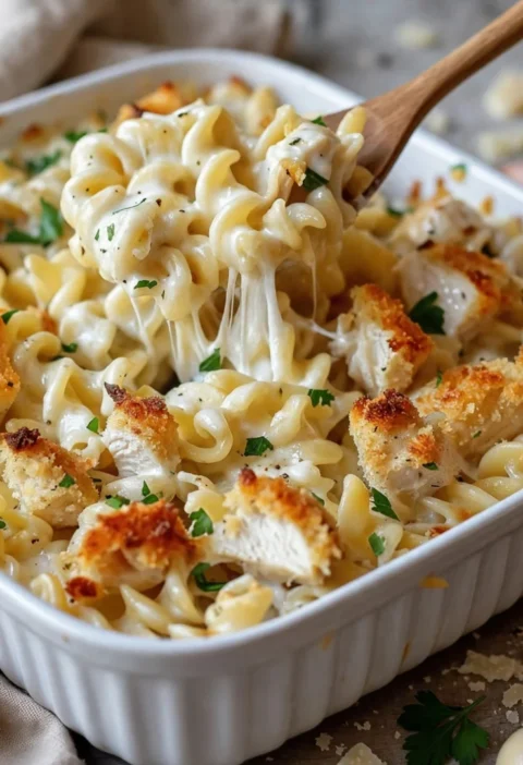 Easy Creamy Garlic Parmesan Chicken Pasta Bake