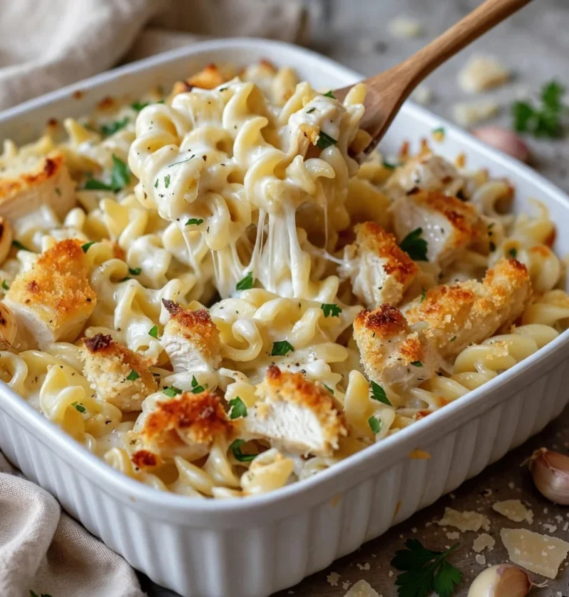 Easy Creamy Garlic Parmesan Chicken Pasta Bake