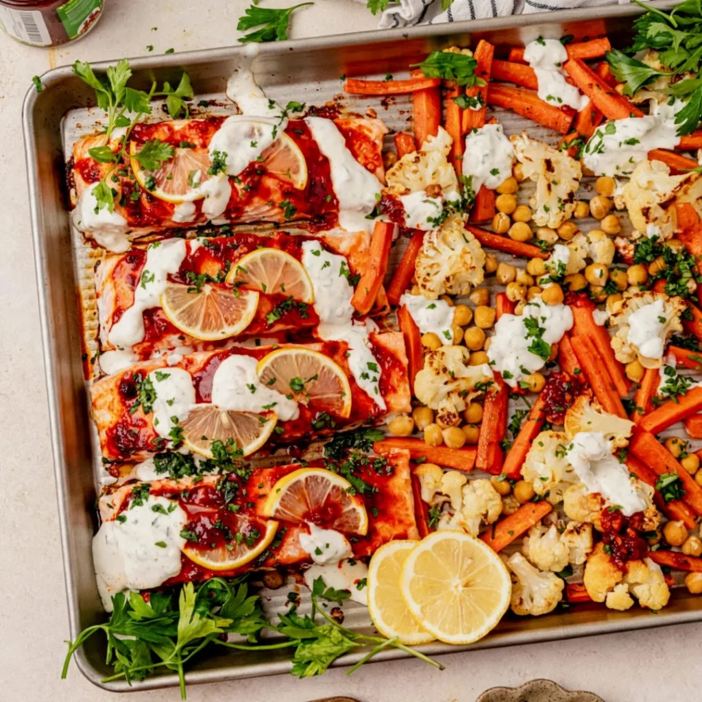 Harissa Salmon with Roasted Carrots, Cauliflower and Chickpeas - Harissa Salmon with Roasted Carrots, Cauliflower and Chickpeas