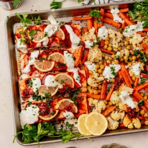 Harissa Salmon with Roasted Carrots, Cauliflower and Chickpeas
