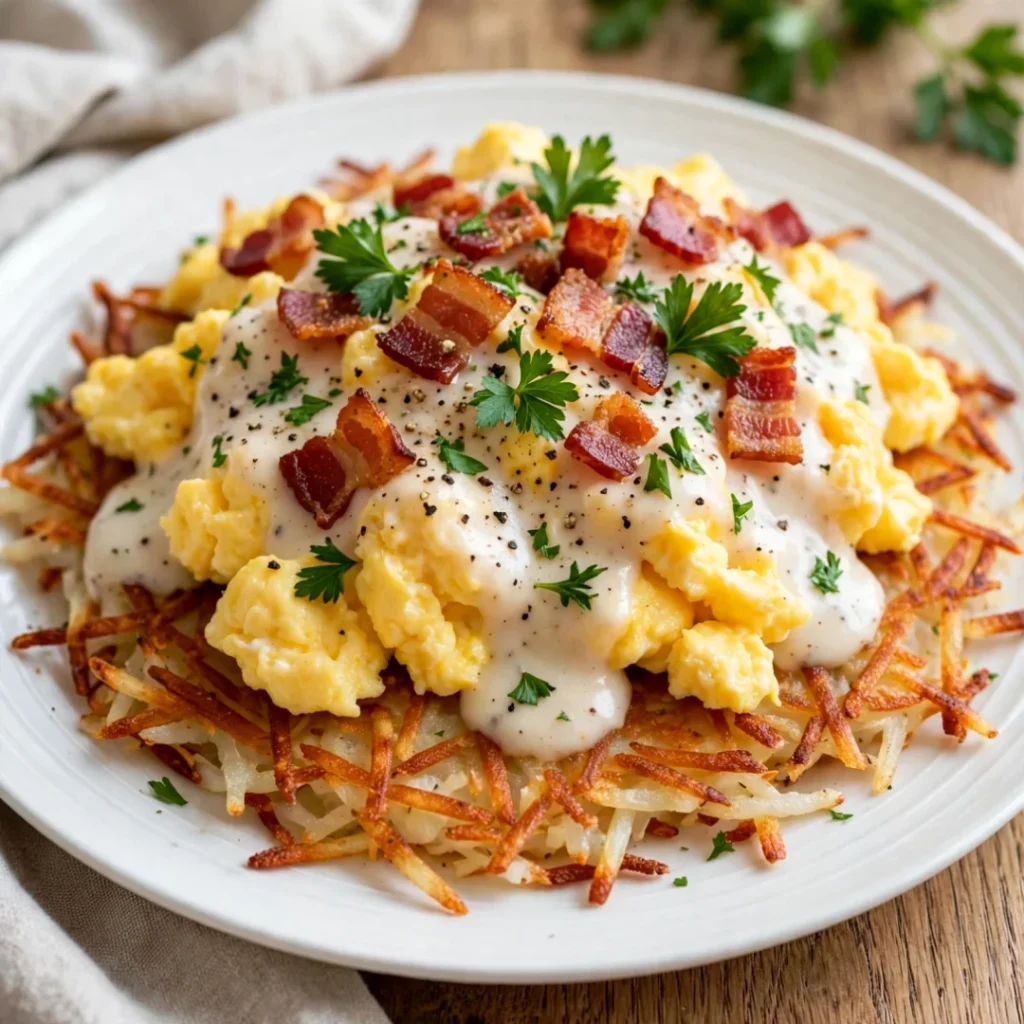 Egg Topped Hash Browns With Bacon Gravy - Egg Topped Hash Browns With Bacon Gravy