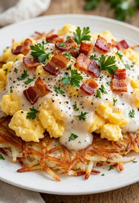 Egg Topped Hash Browns With Bacon Gravy