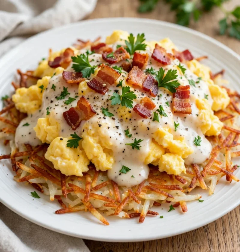 Egg Topped Hash Browns With Bacon Gravy