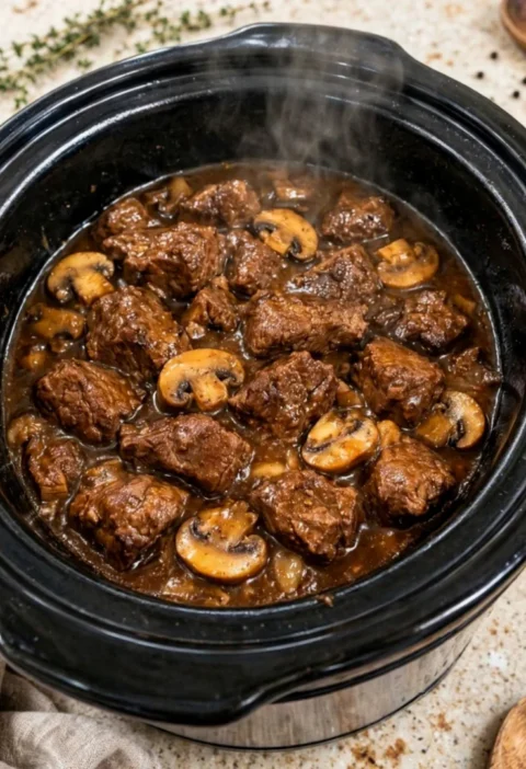 Grandmother's Slow Cooker Beef Tips with Mushroom Gravy