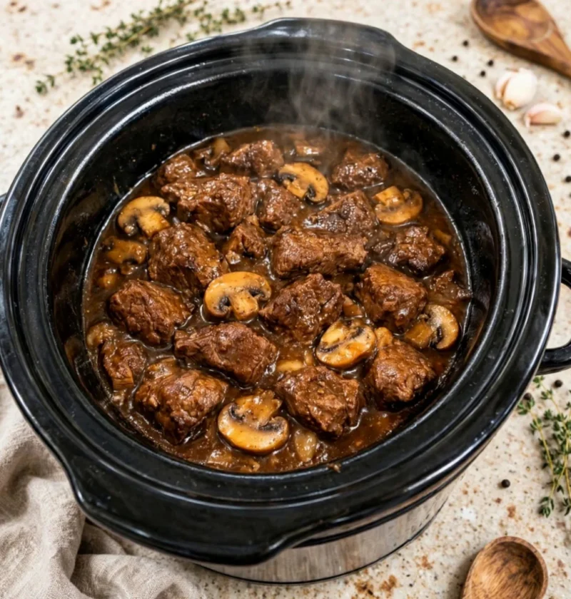 Grandmother's Slow Cooker Beef Tips with Mushroom Gravy