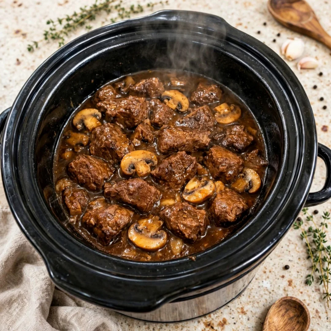 Grandmother’s Slow Cooker Beef Tips with Mushroom Gravy