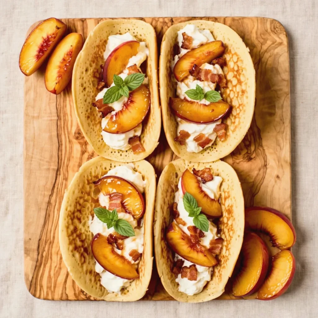 Pancake Tacos with Caramelized Peaches & Pancetta - Pancake Tacos with Caramelized Peaches & Pancetta