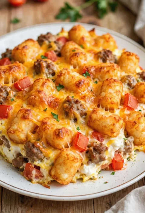 Sausage Cream Cheese Tater Tot Breakfast Casserole