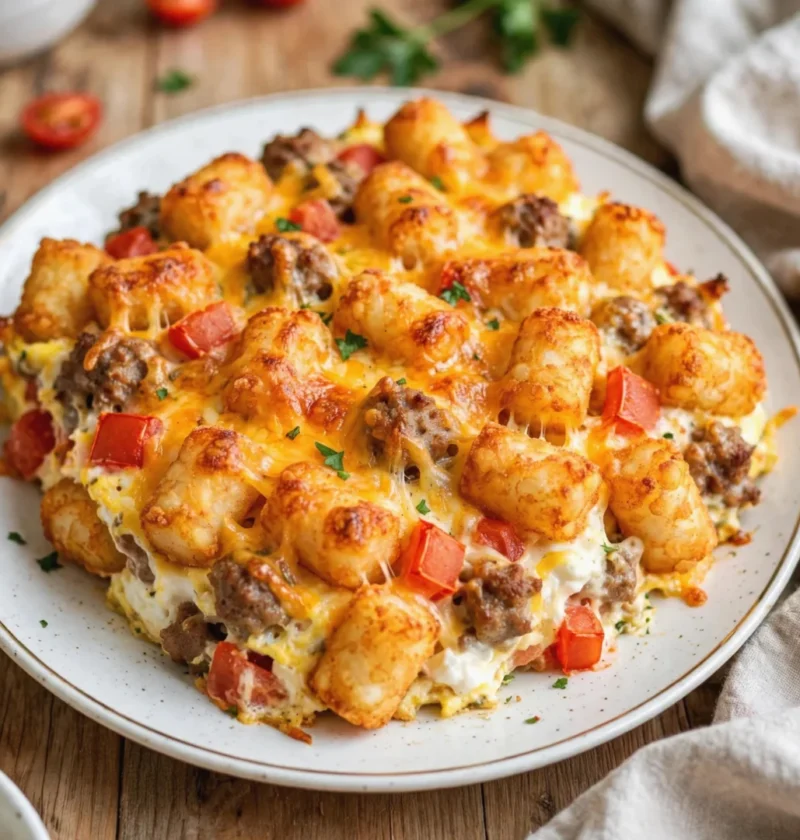 Sausage Cream Cheese Tater Tot Breakfast Casserole
