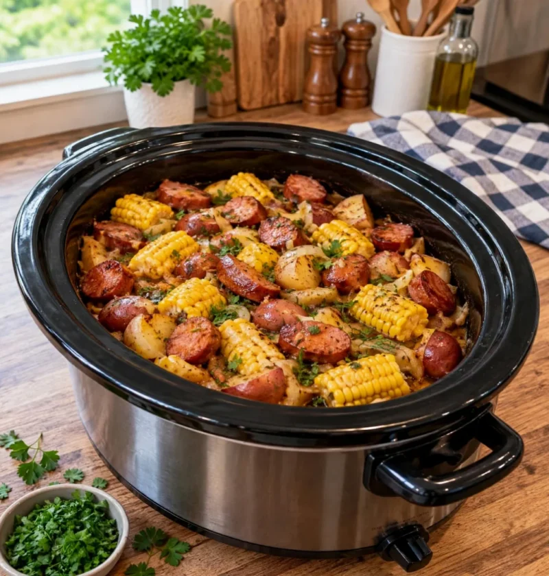 Crockpot Buttery Beef Sausage with Corn and Red Potatoes Delight