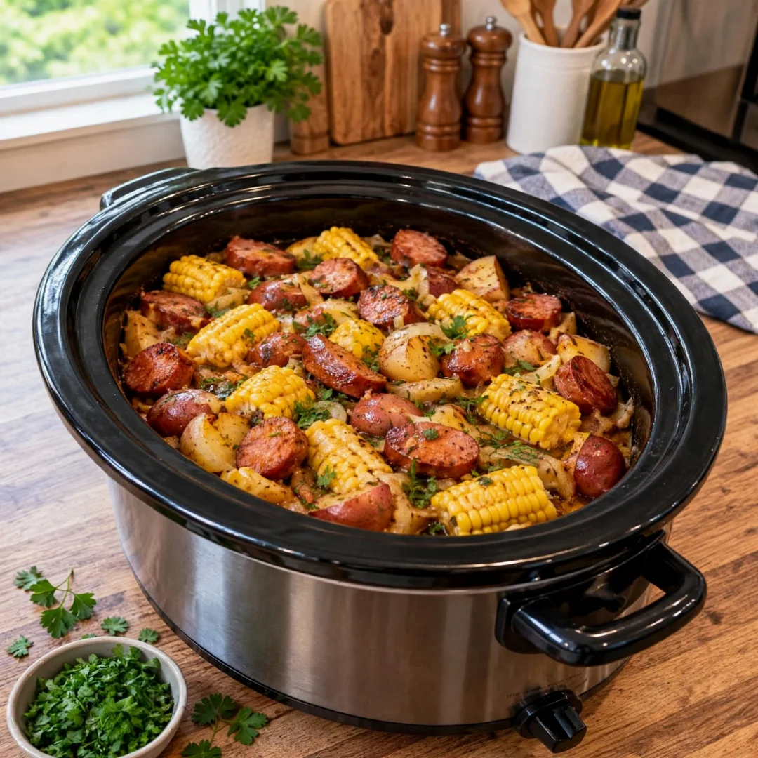 Crockpot Buttery Beef Sausage with Corn and Red Potatoes Delight!