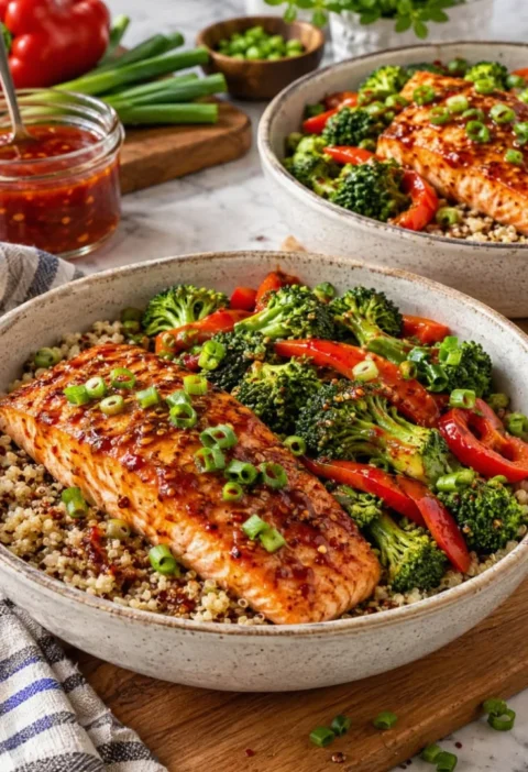 High-Protein Sweet Chili Salmon Quinoa Bowls