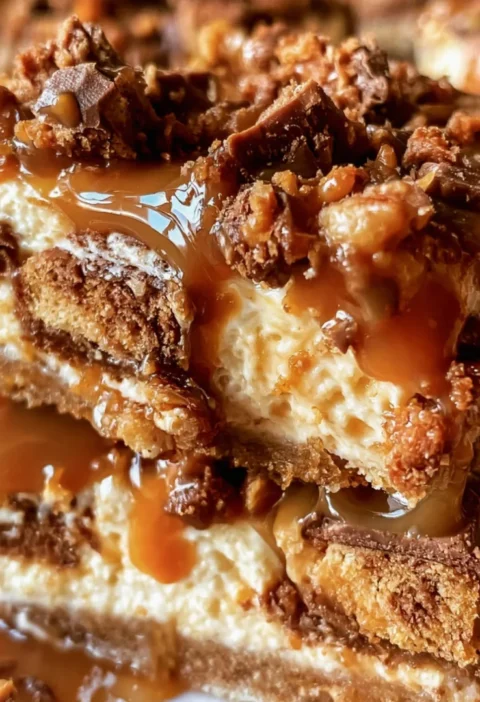 Butterfinger Caramel Pretzel Cheesecake Bars