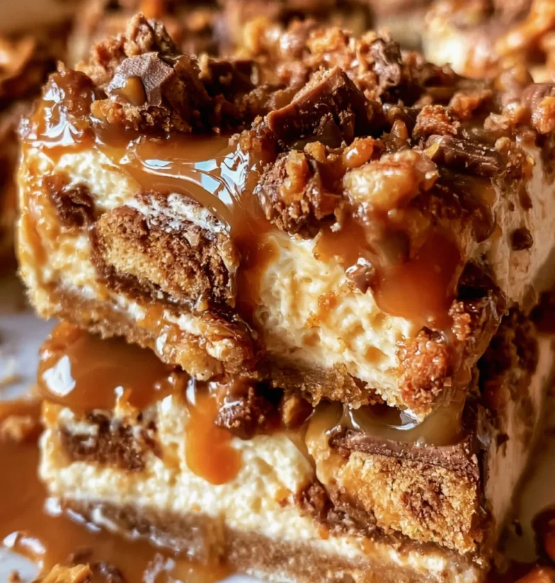 Butterfinger Caramel Pretzel Cheesecake Bars