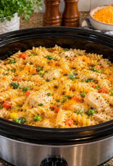 Creamy Cheesy Crockpot Chicken Rotini Pasta
