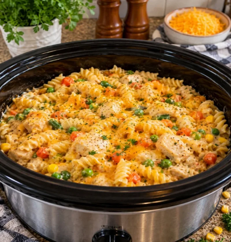 Creamy Cheesy Crockpot Chicken Rotini Pasta